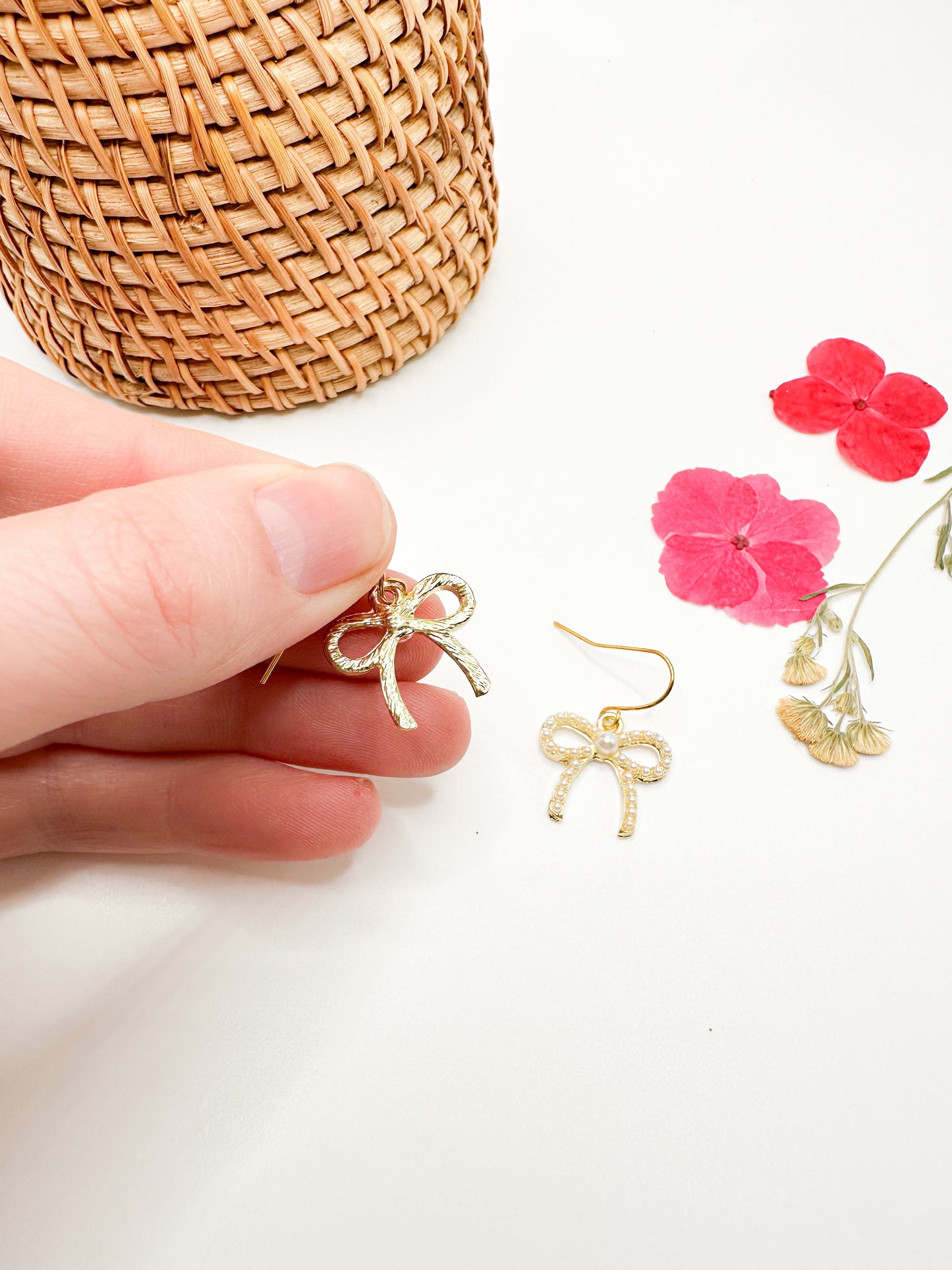 Gold bow earrings (with pearls!)