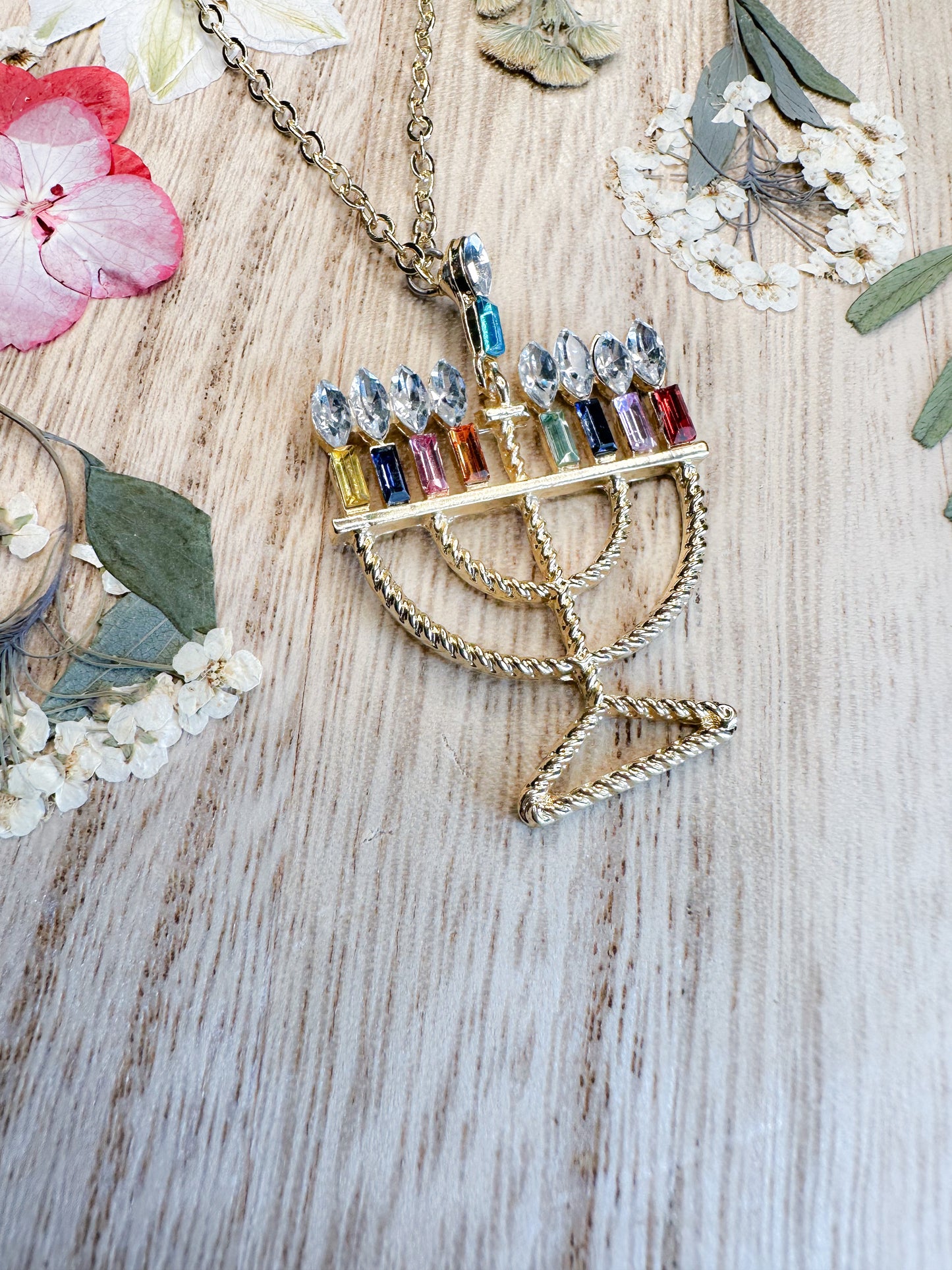 Fancy Rainbow Menorah Necklace
