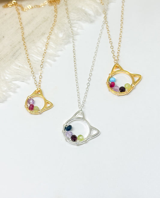 Cat family birthstone necklace