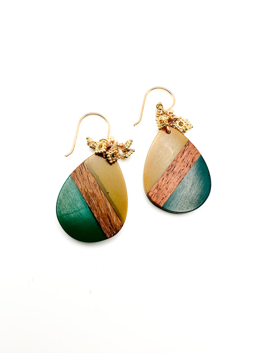 Wood and resin earrings, yellow and green