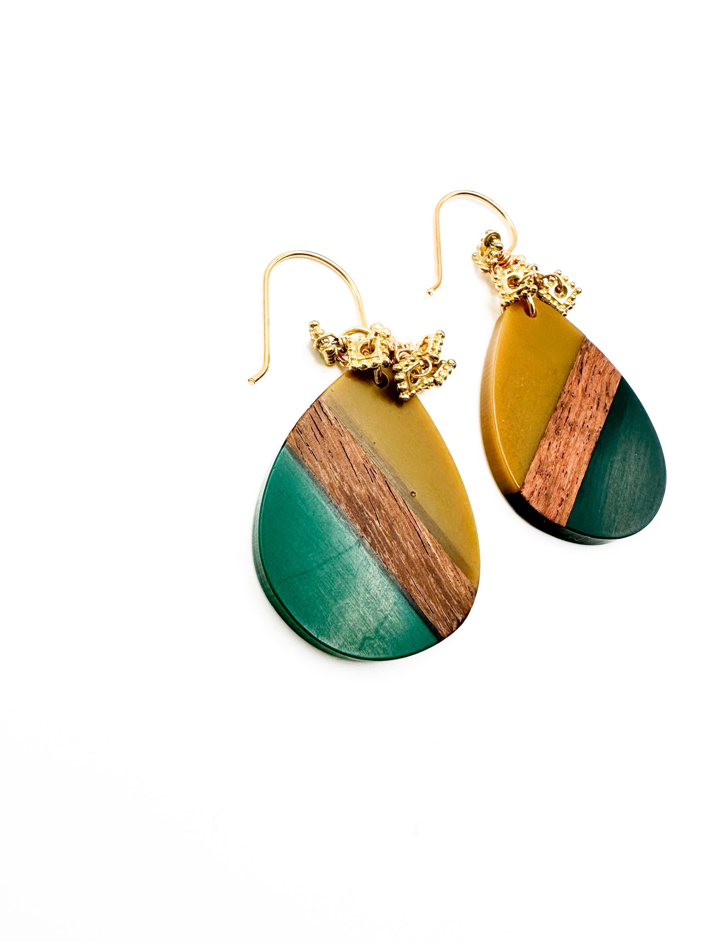 Wood and resin earrings, yellow and green