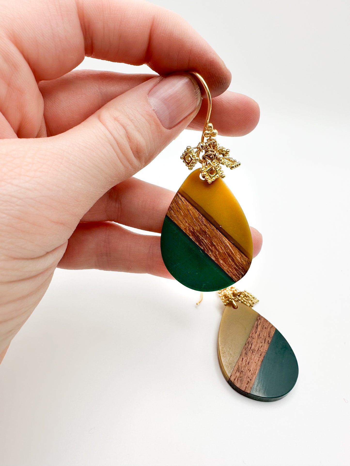 Wood and resin earrings, yellow and green