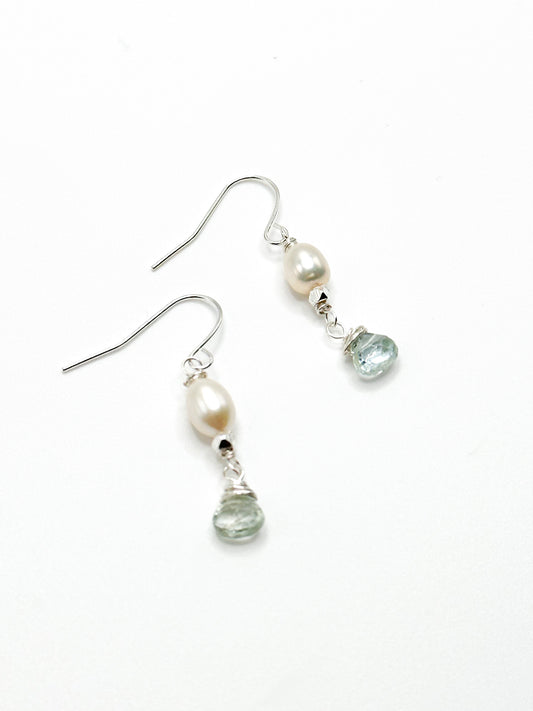 Pearl and aquamarine earrings in gold or silver