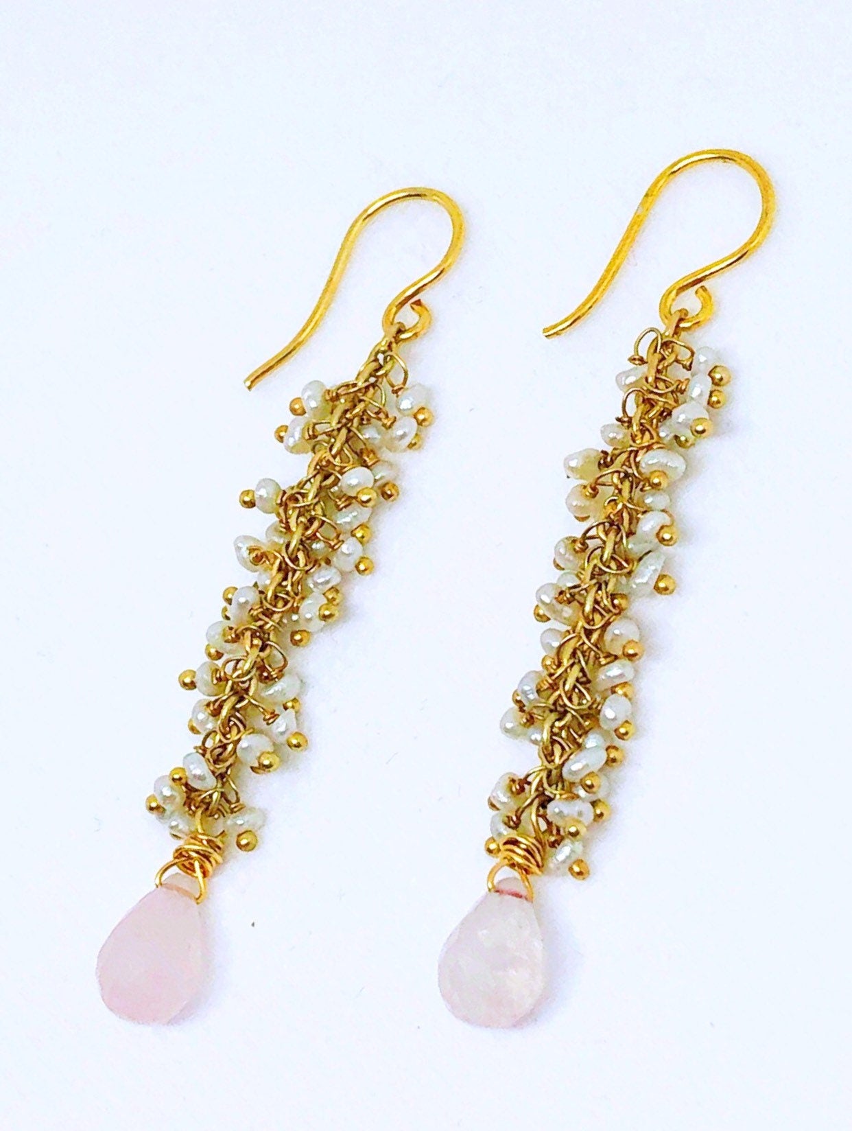 Pearl gemstone earrings with rose quartz teardrop