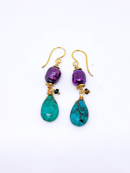 Chrysocolla and purple pearl earrings