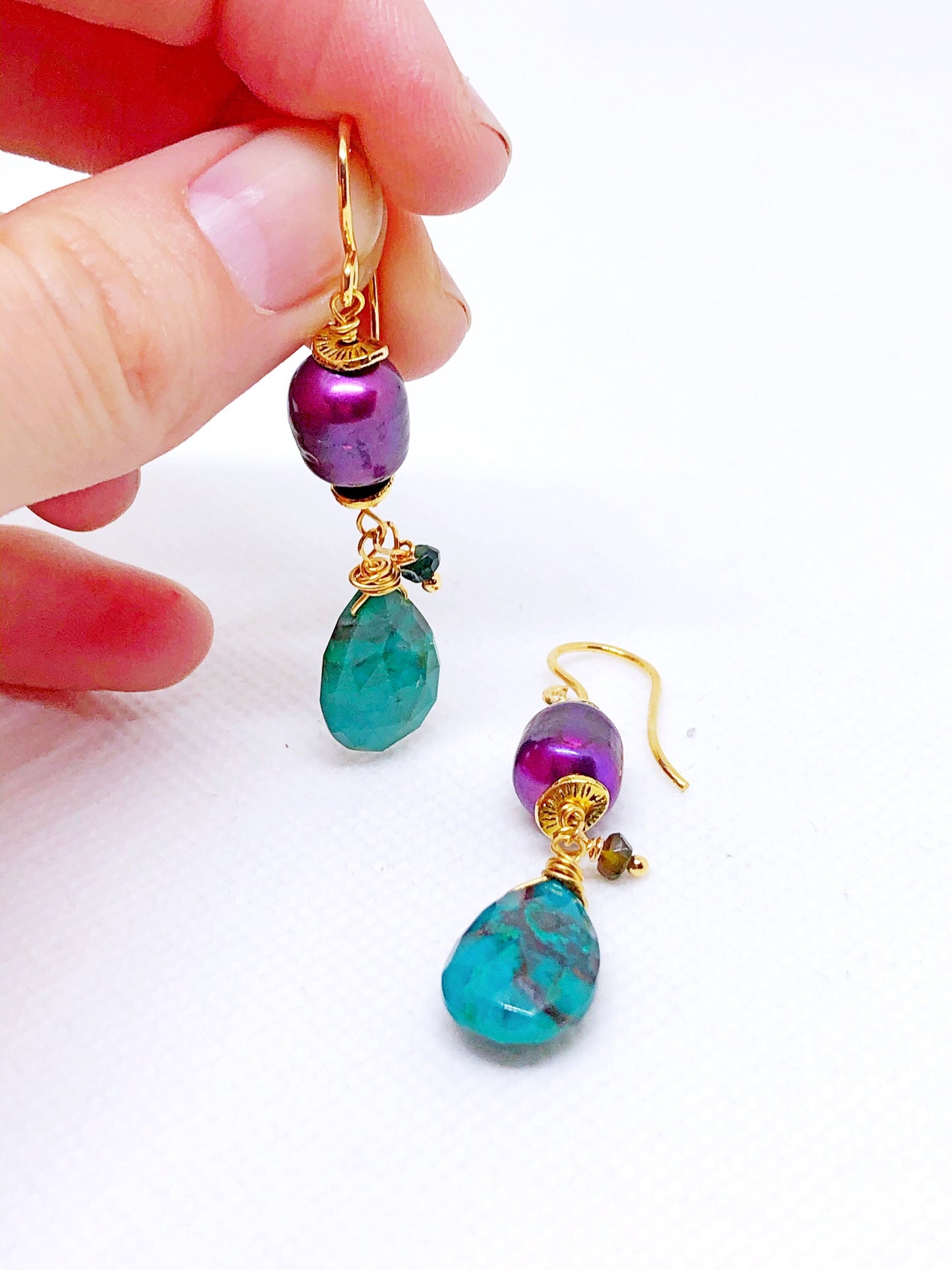 Chrysocolla and purple pearl earrings