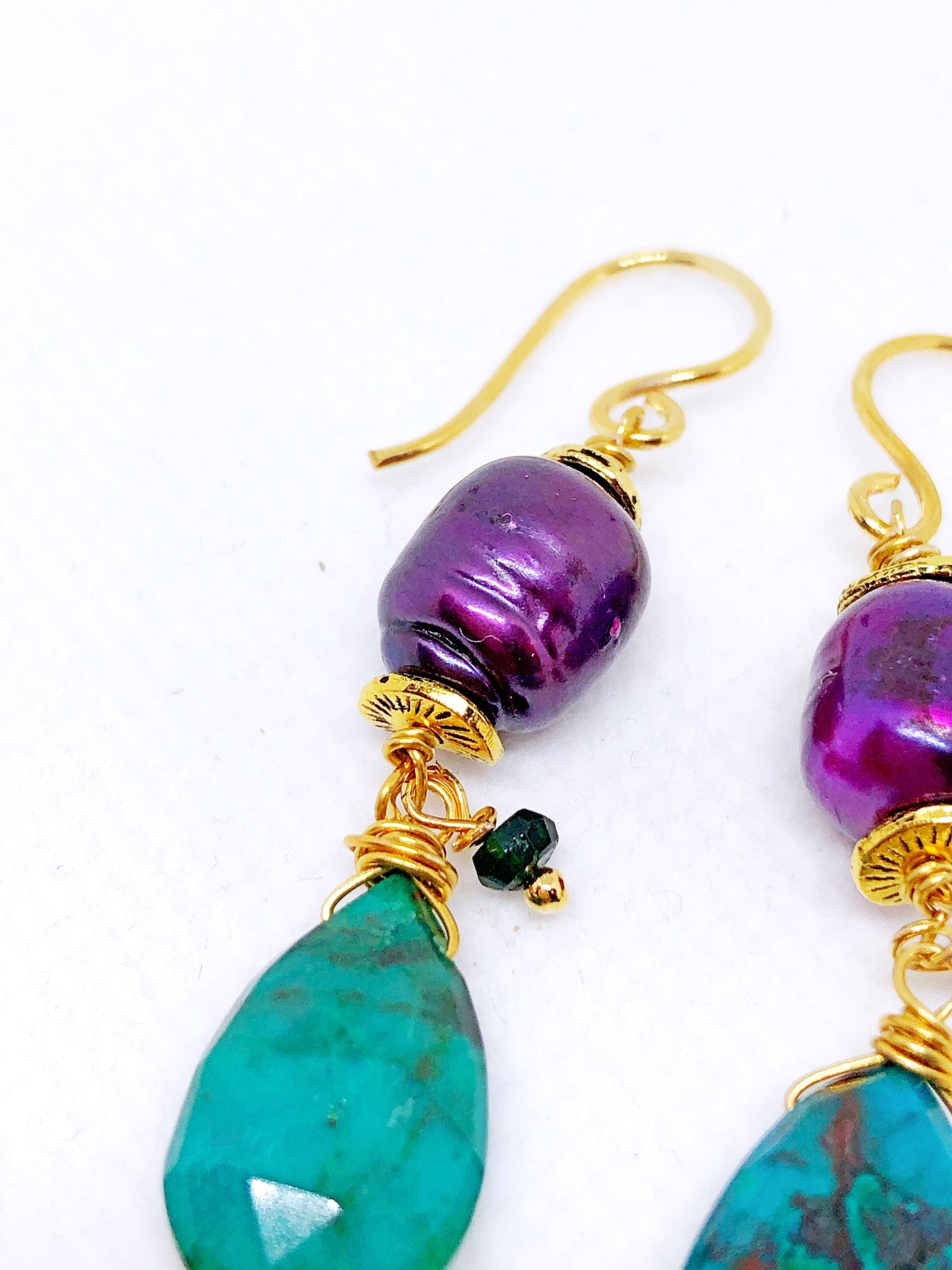 Chrysocolla and purple pearl earrings