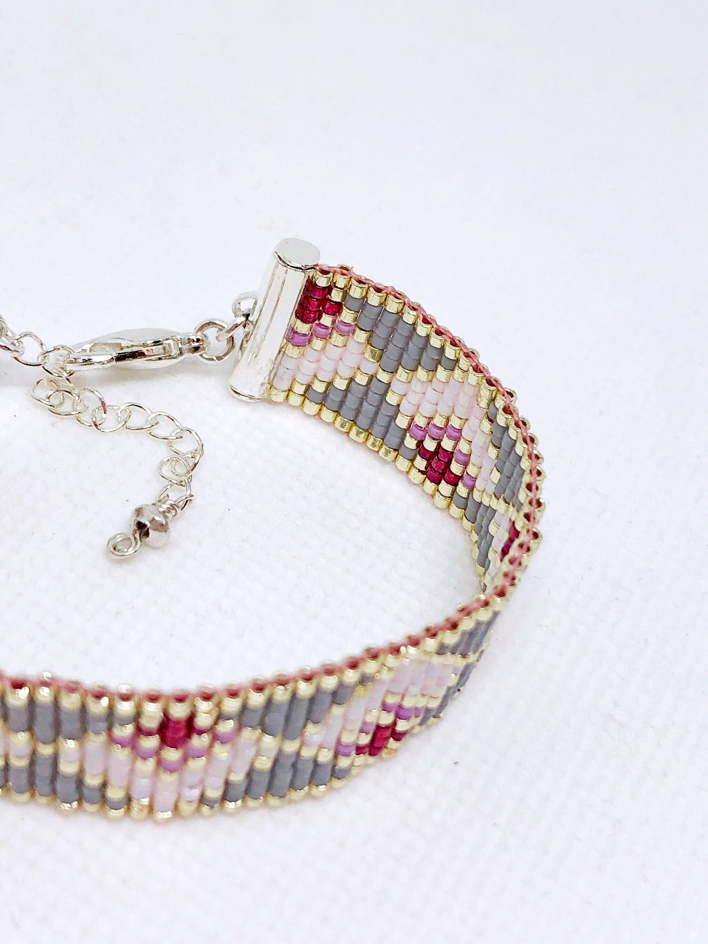 Pink and gray bead loom bracelet