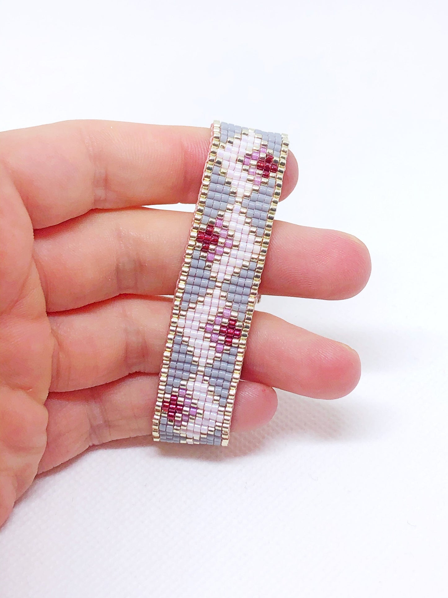 Pink and gray bead loom bracelet