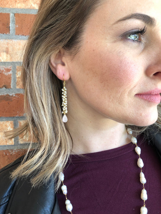 Pearl gemstone earrings with rose quartz teardrop