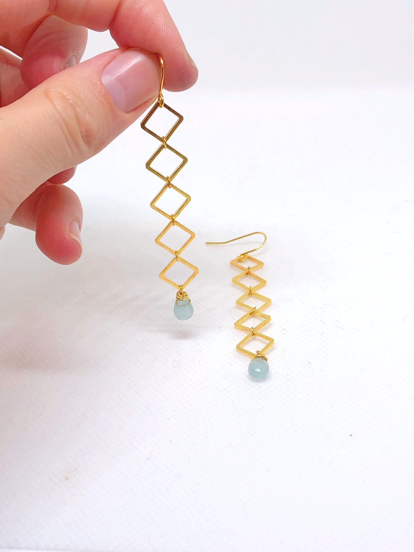 Long diamond and aquamarine earrings