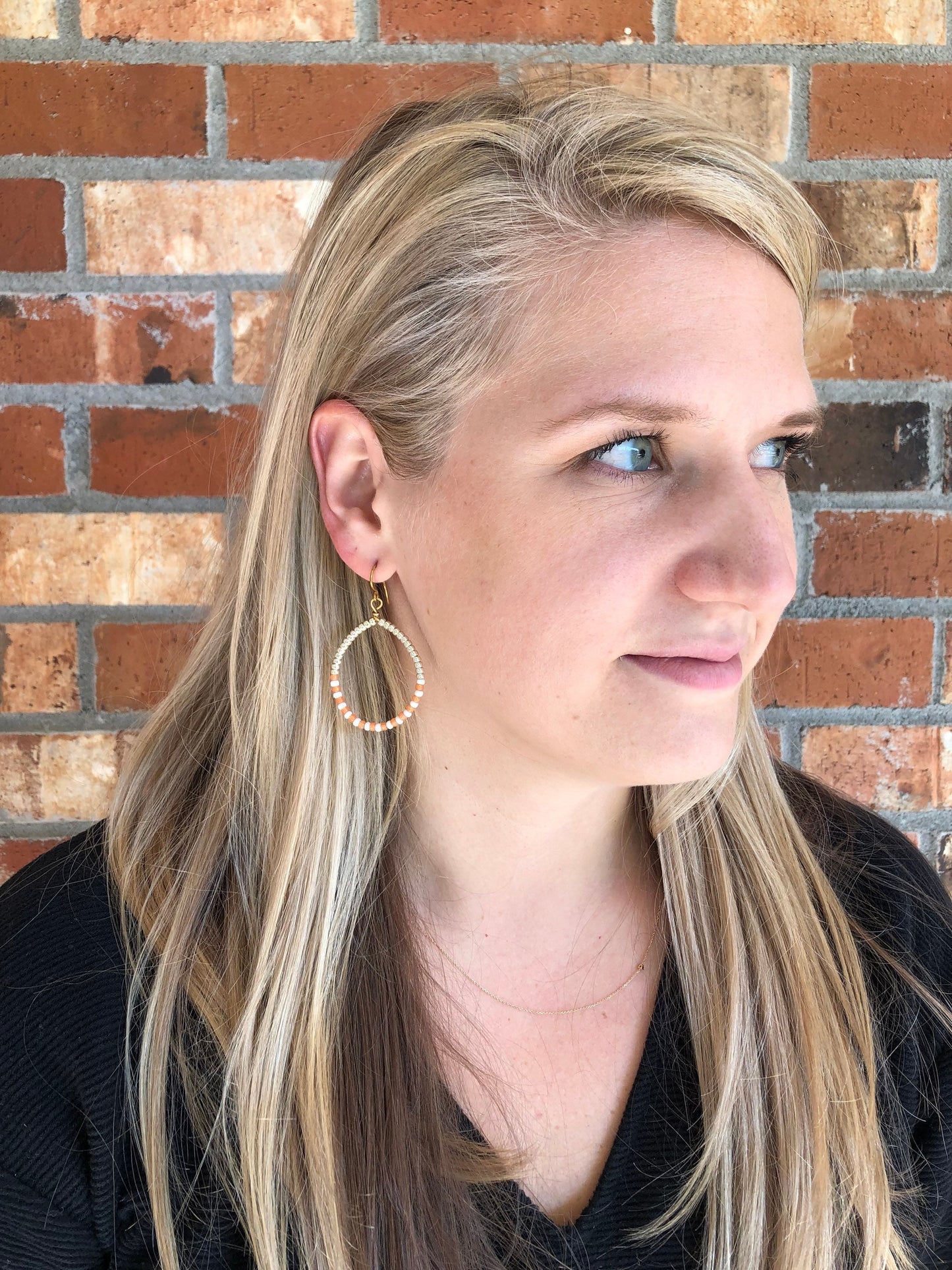 Coral and gold beaded hoop earrings