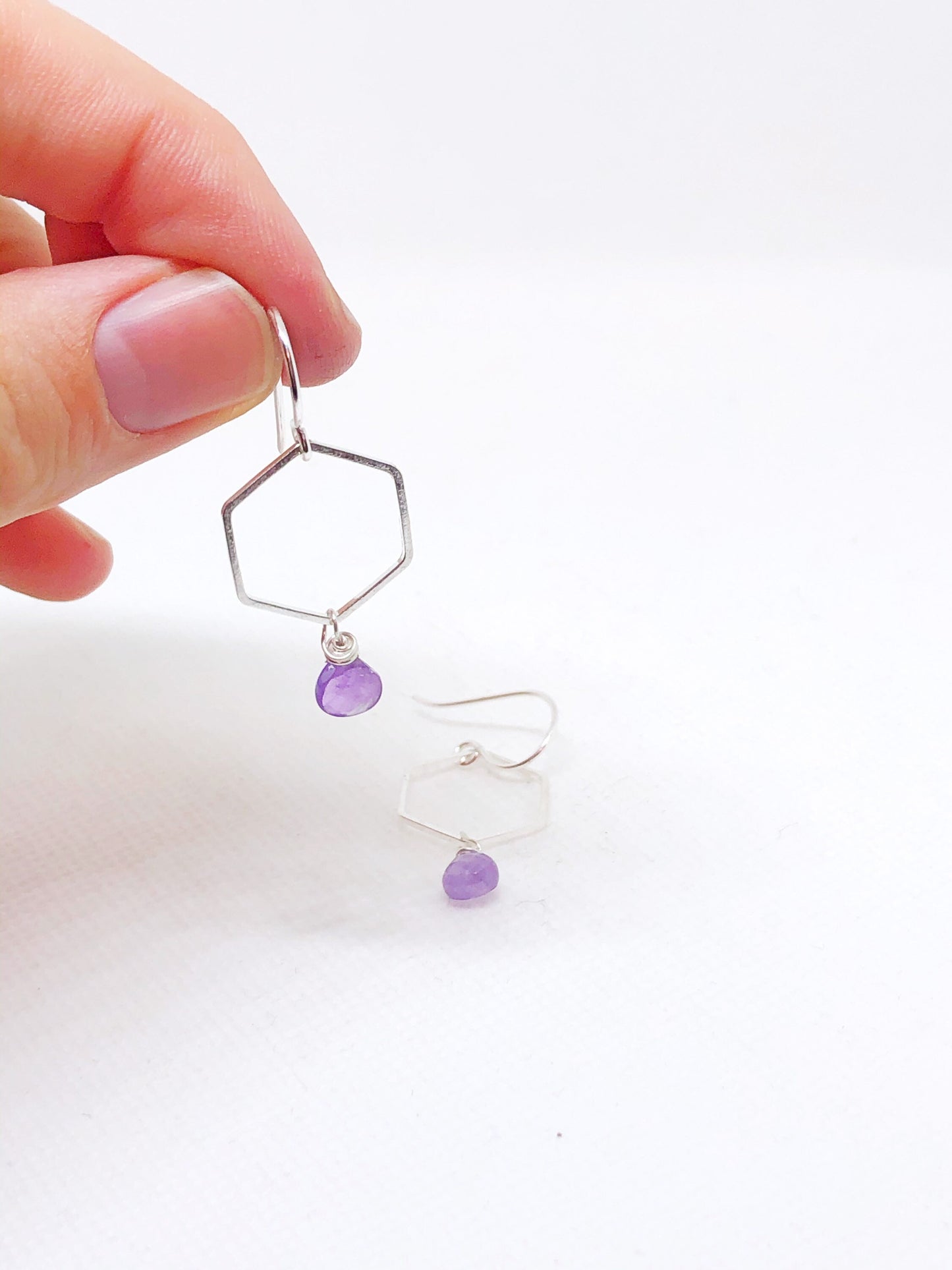 Amethyst teardrops and silver hexagonal earrings