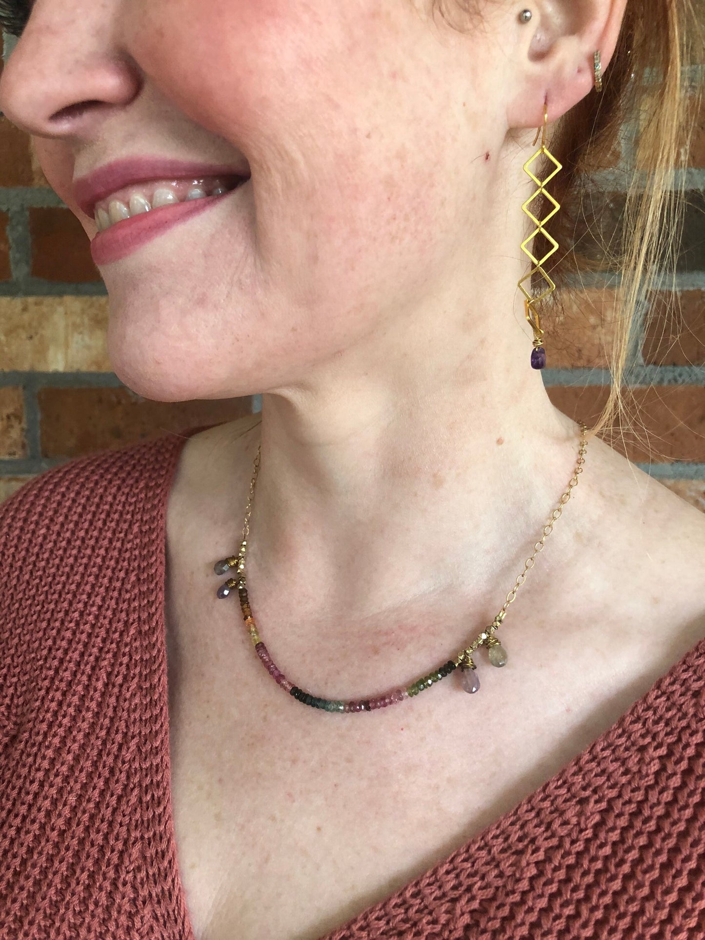 Rainbow tourmaline necklace with sapphire teardrops
