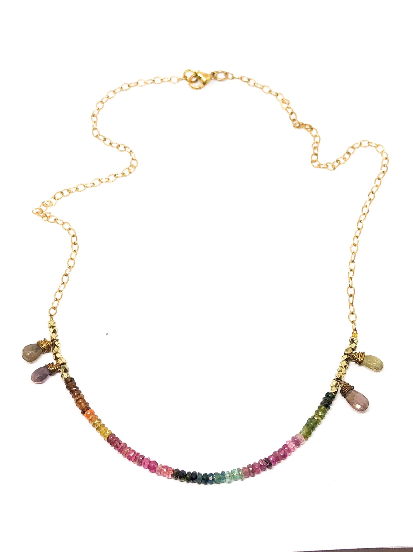 Rainbow tourmaline necklace with sapphire teardrops