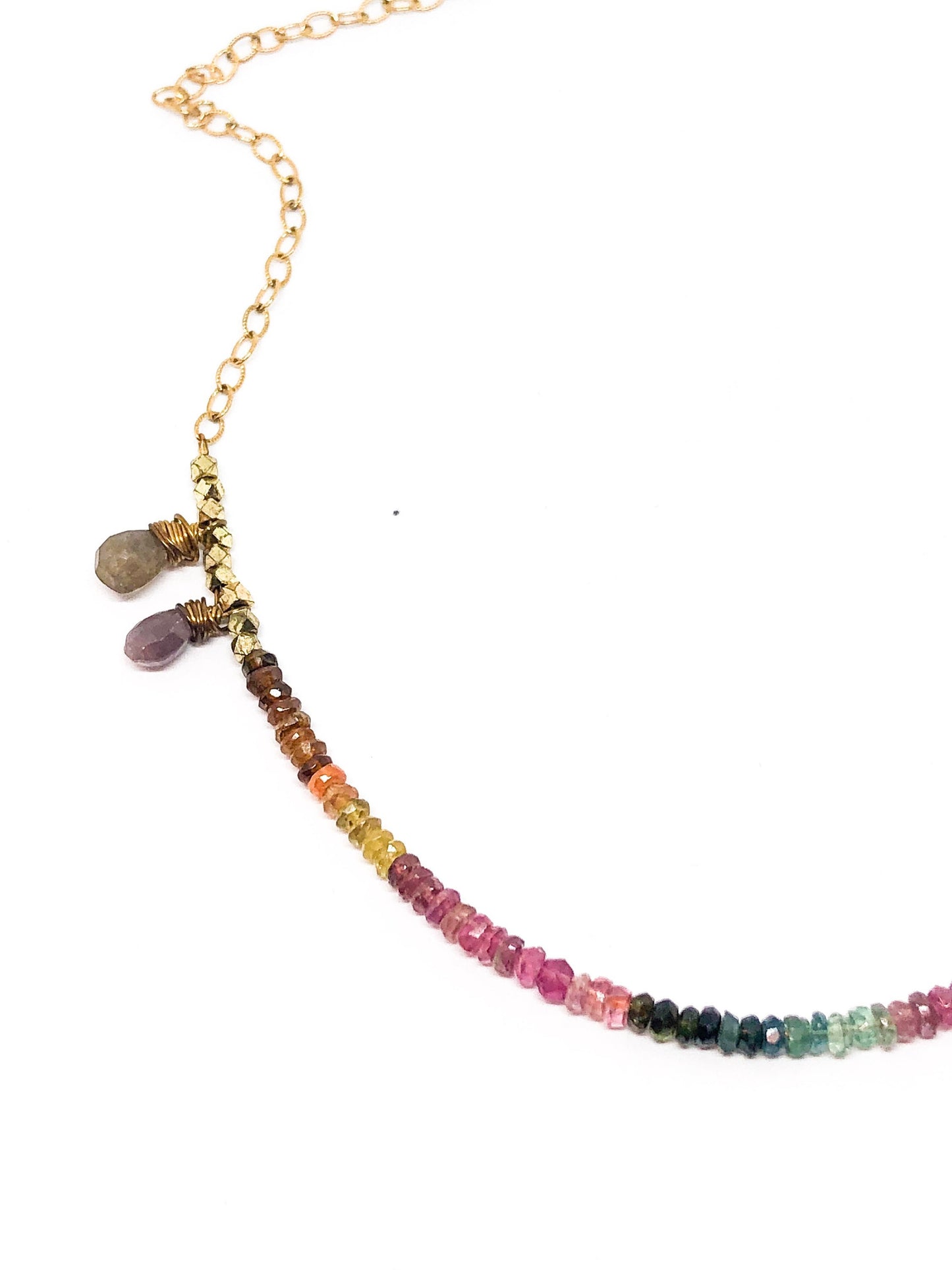 Rainbow tourmaline necklace with sapphire teardrops