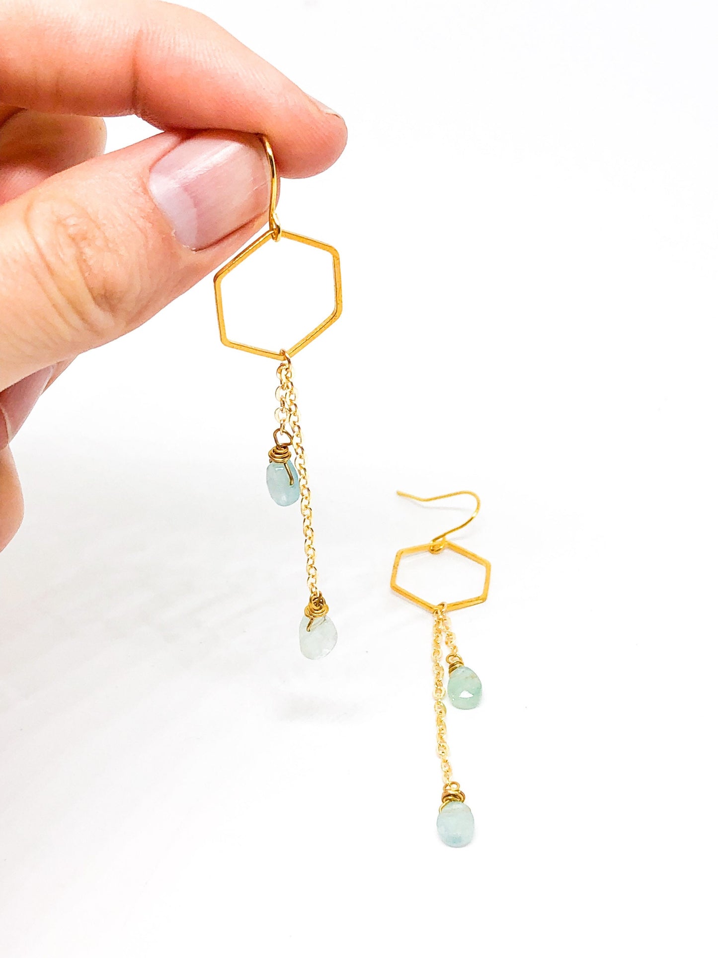 Aquamarine statement earrings with hexagon gold piece