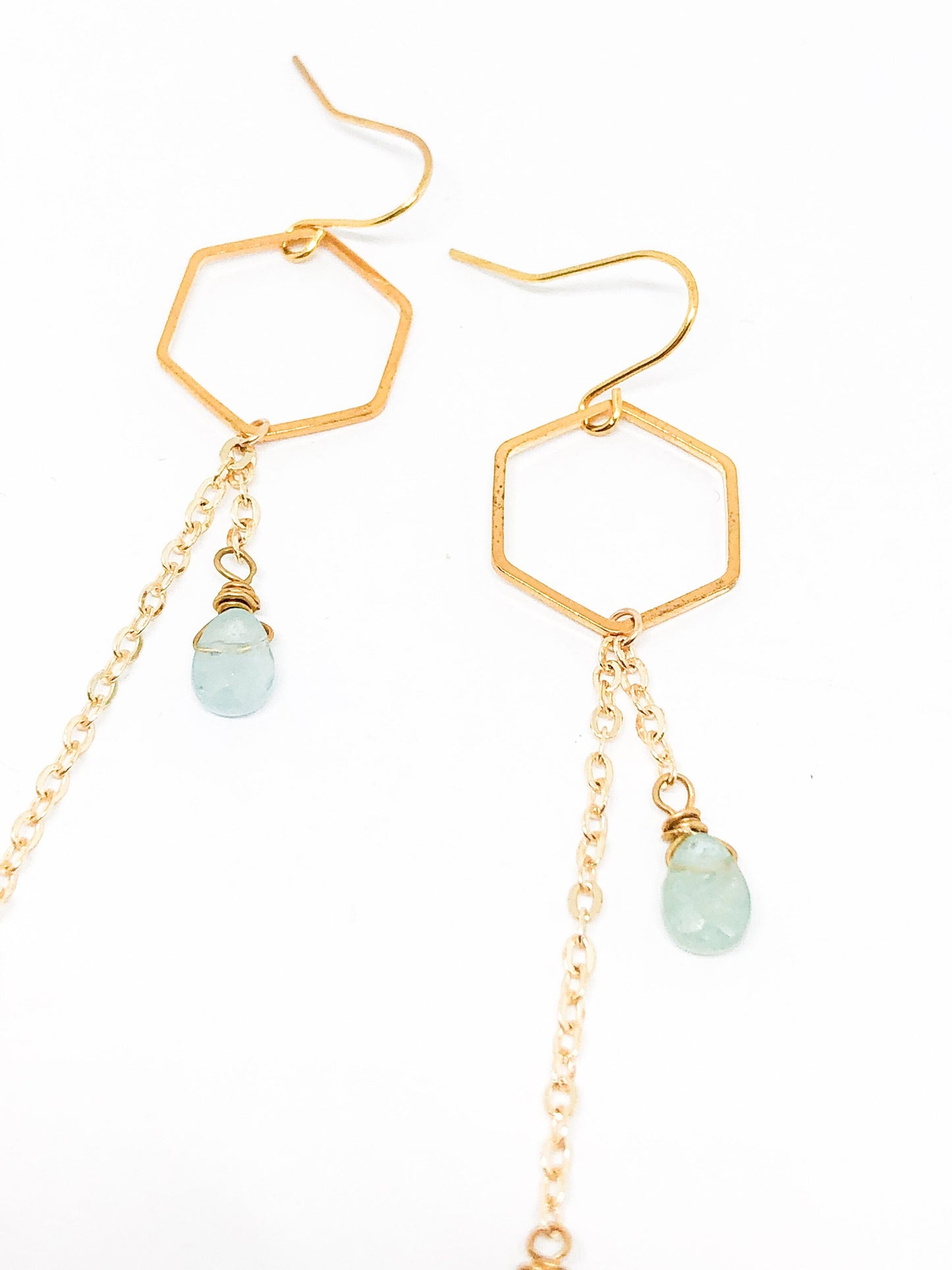 Aquamarine statement earrings with hexagon gold piece