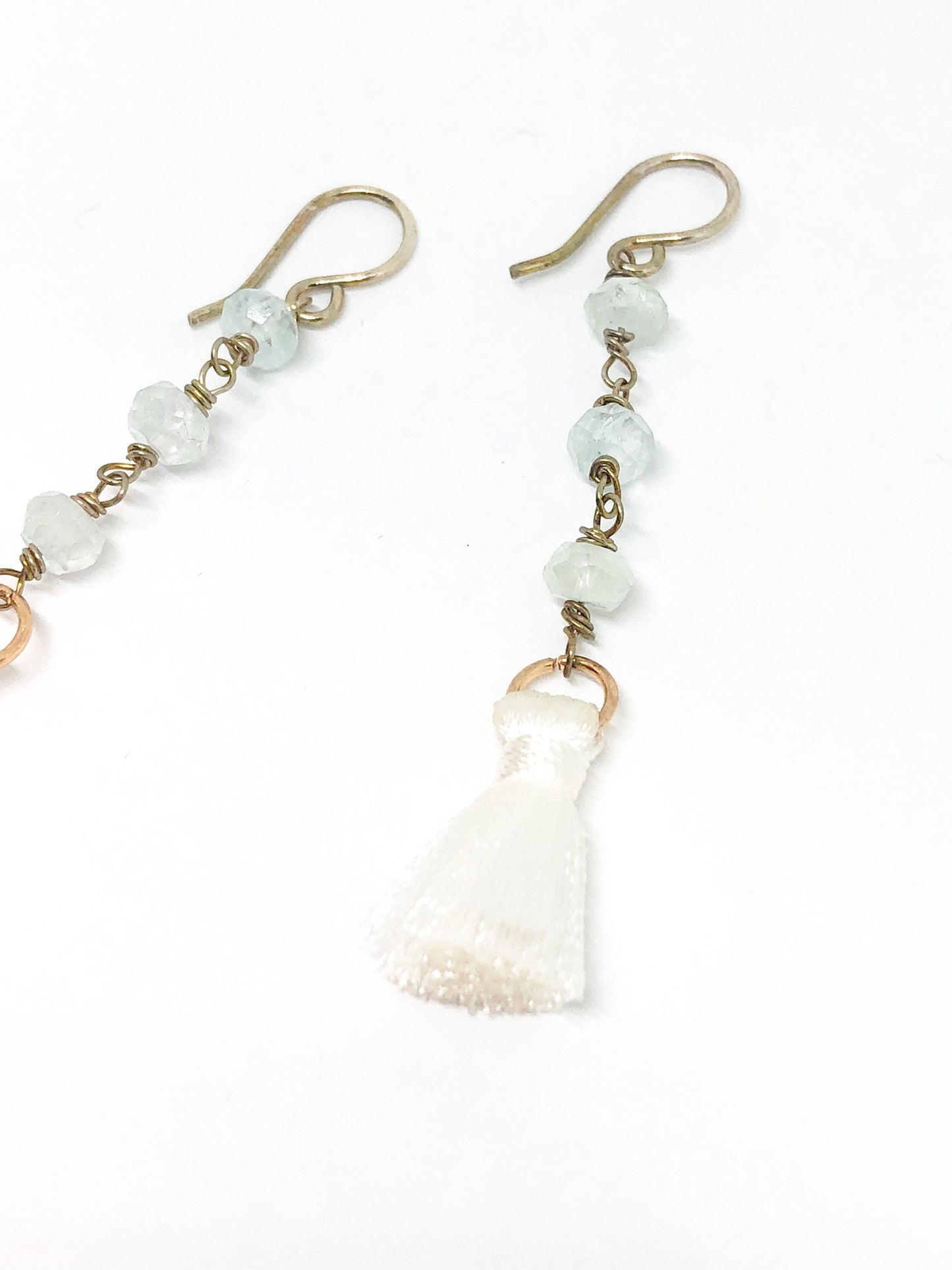 Aquamarine and white tassel earrings
