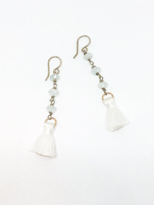 Aquamarine and white tassel earrings