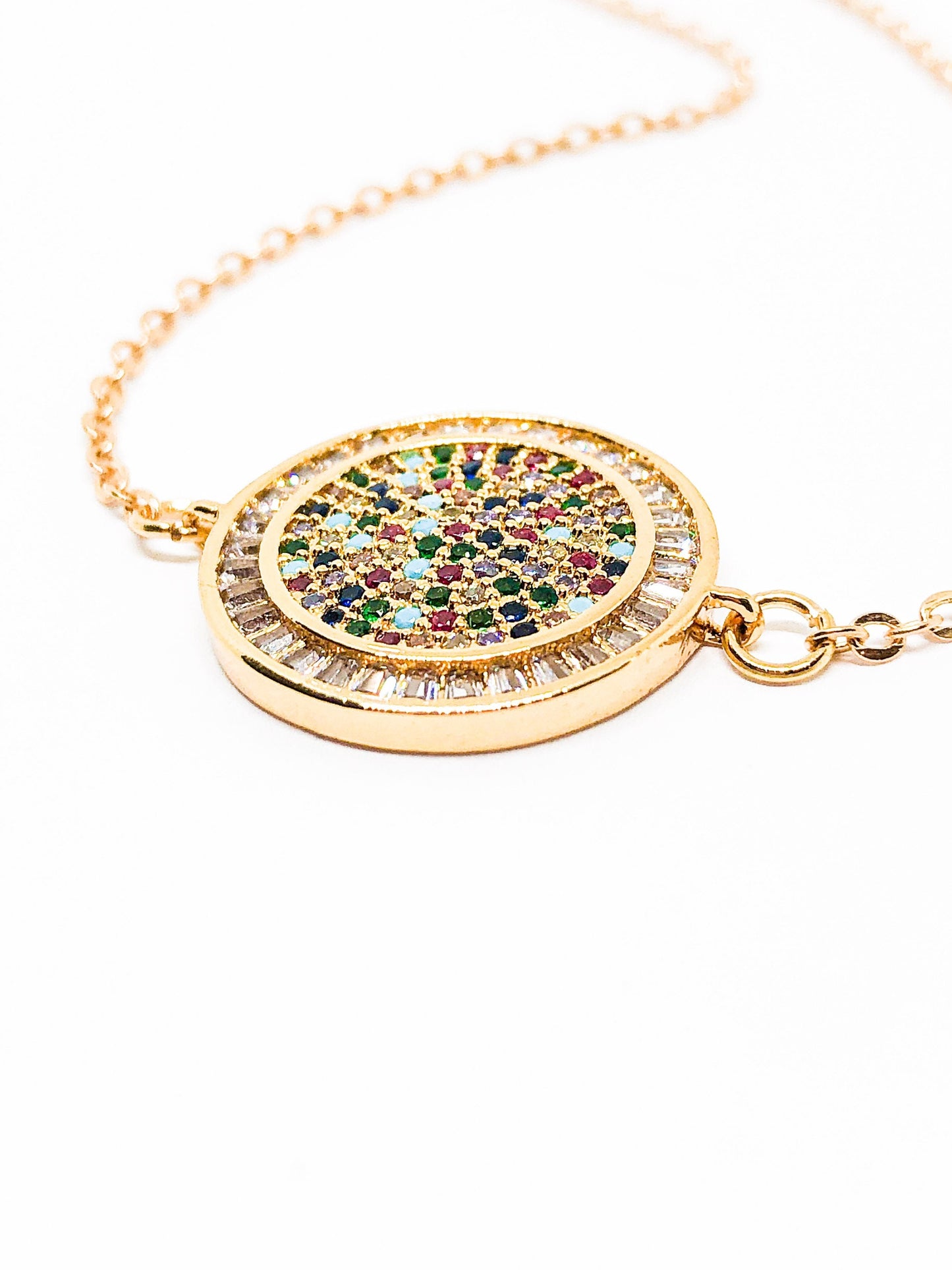 Rainbow rhinestone necklace in gold or silver