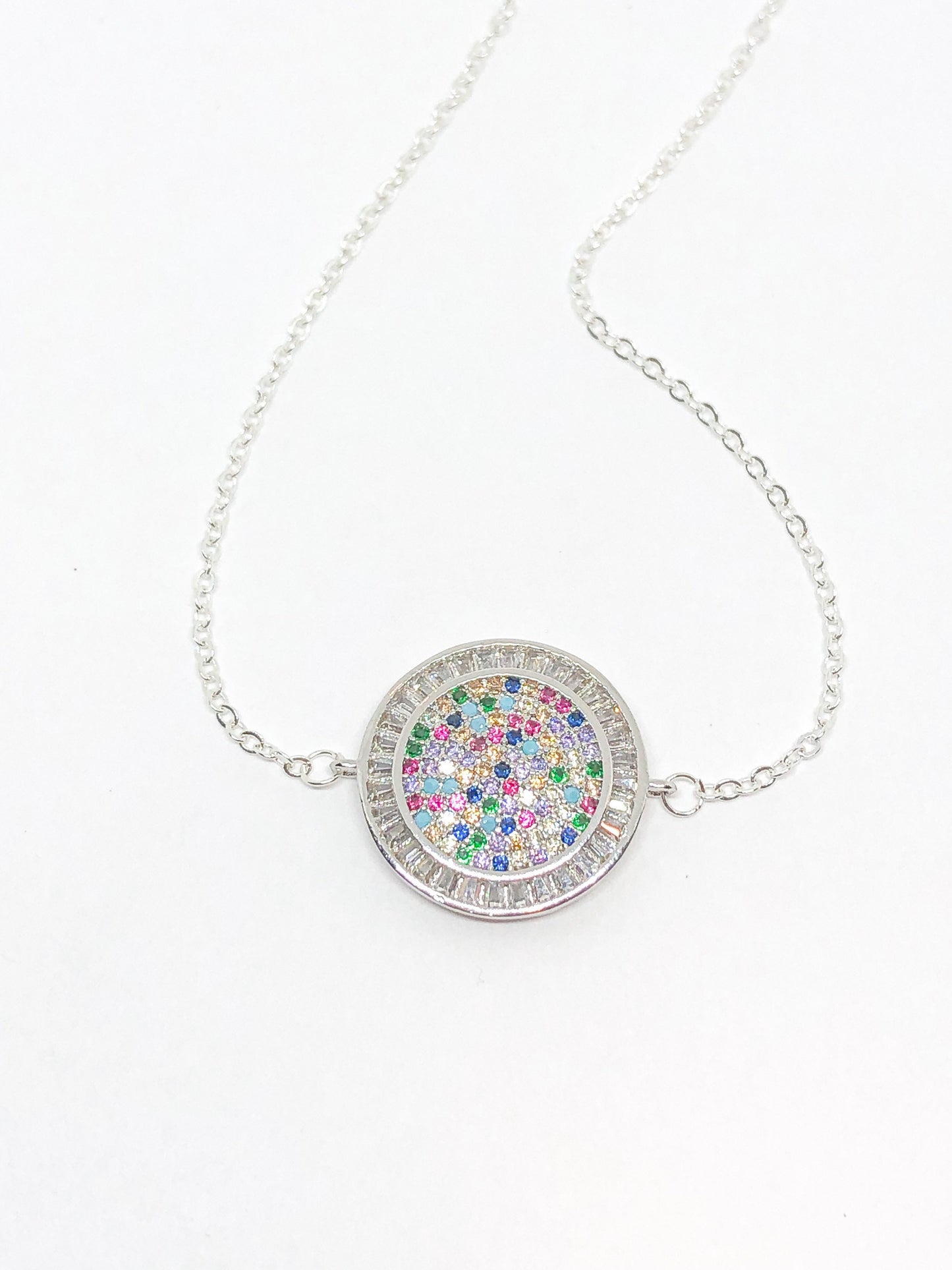 Rainbow rhinestone necklace in gold or silver