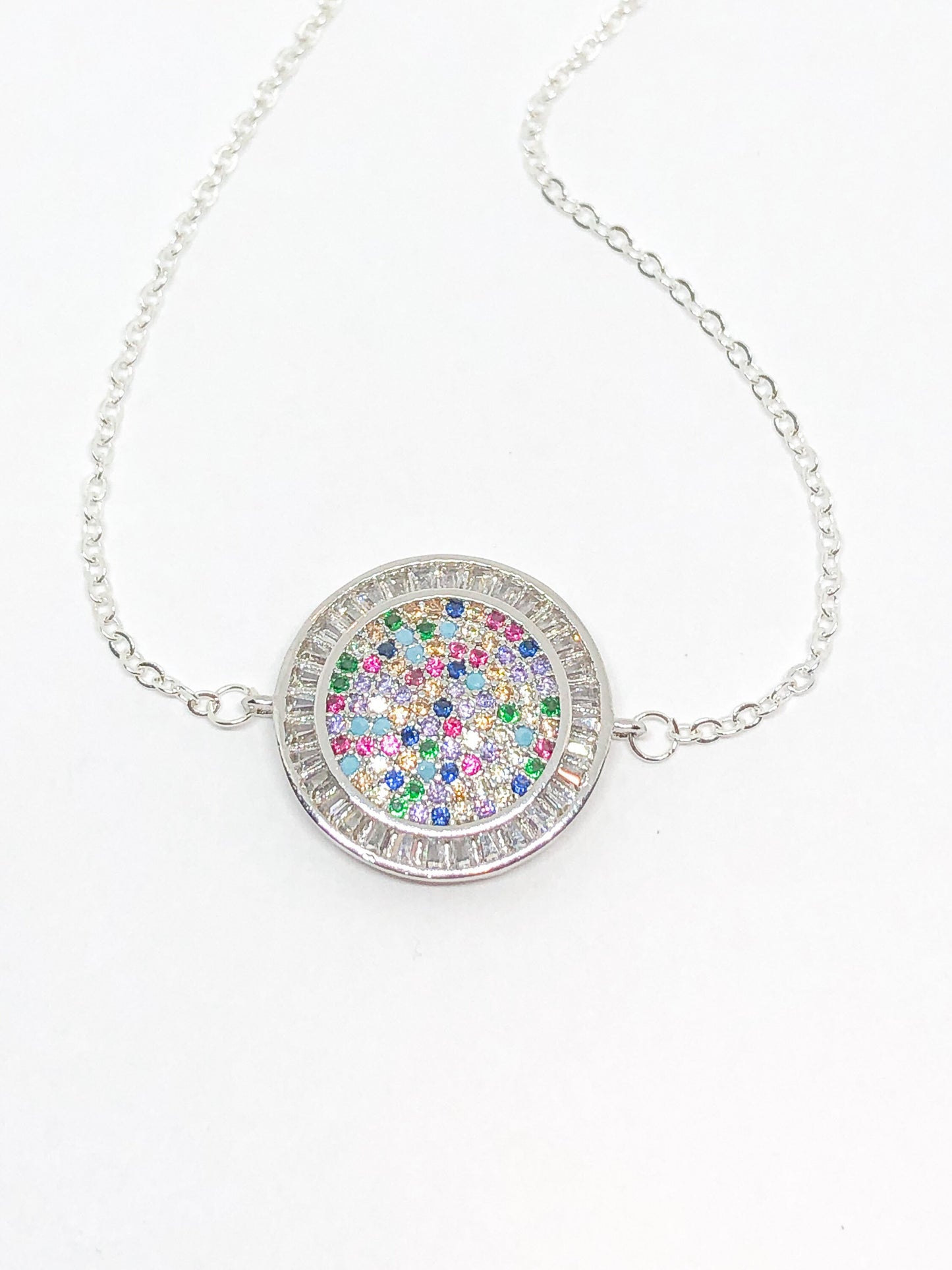 Rainbow rhinestone necklace in gold or silver