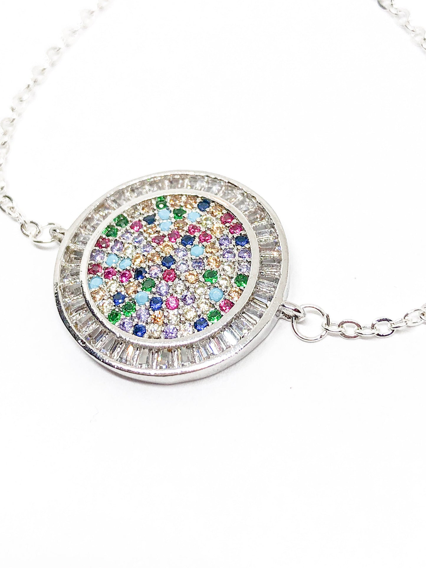 Rainbow rhinestone necklace in gold or silver