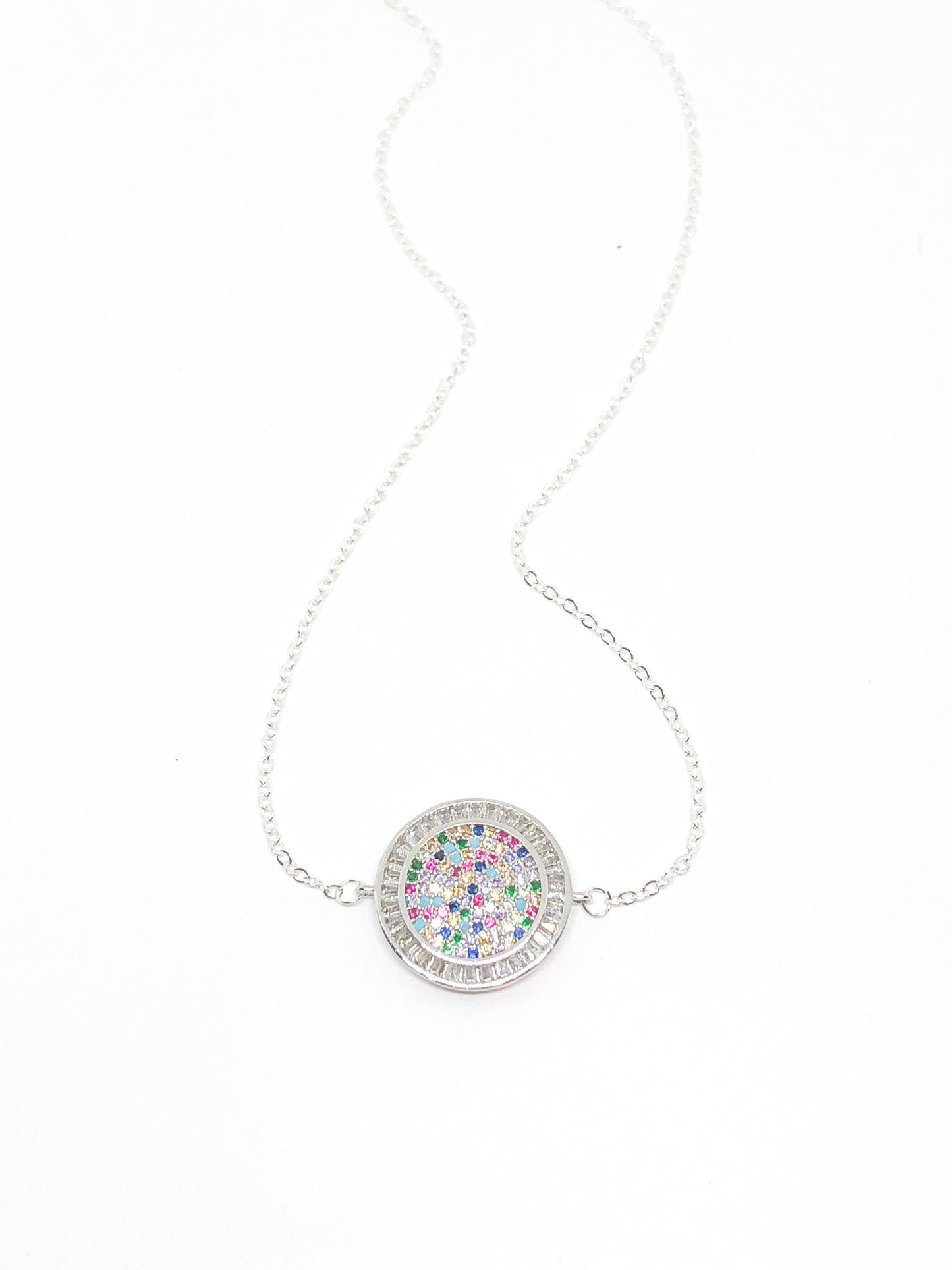 Rainbow rhinestone necklace in gold or silver