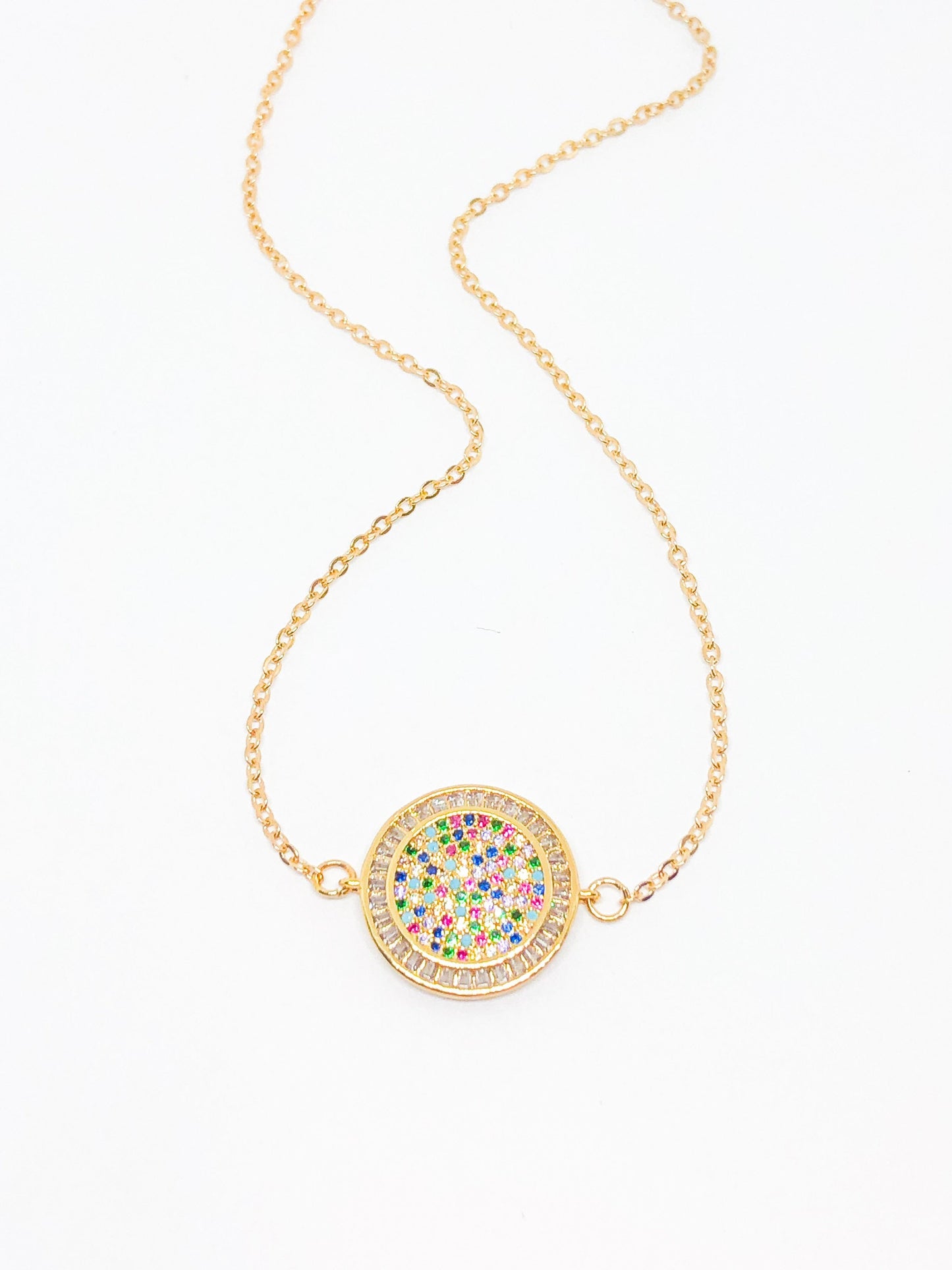 Rainbow rhinestone necklace in gold or silver