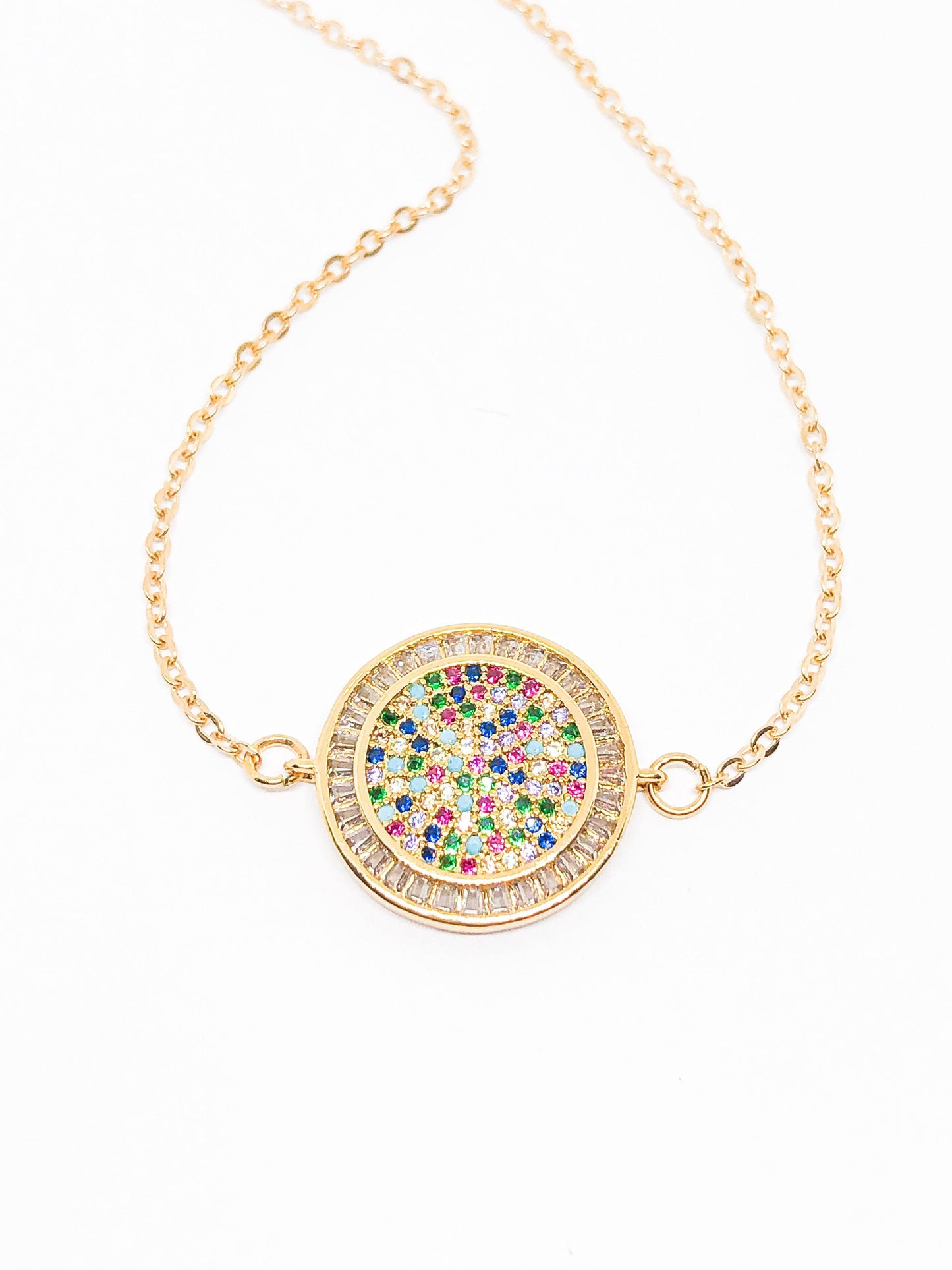 Rainbow rhinestone necklace in gold or silver