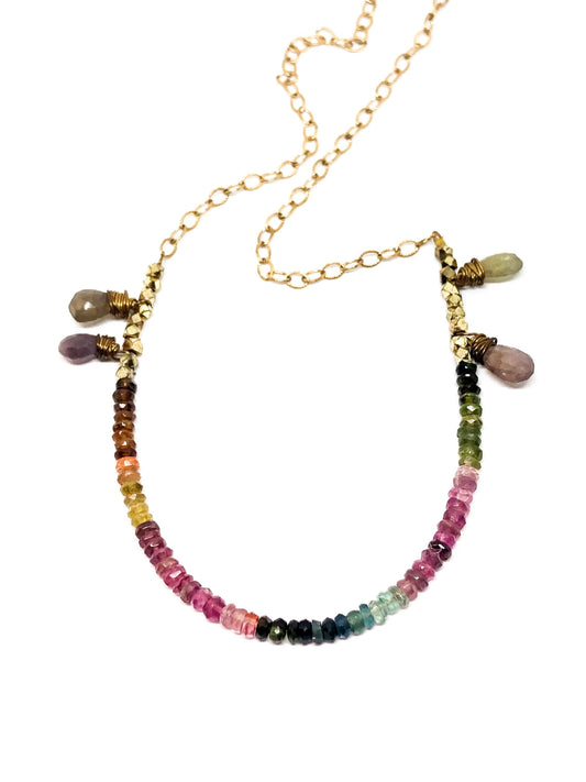 Rainbow tourmaline necklace with sapphire teardrops