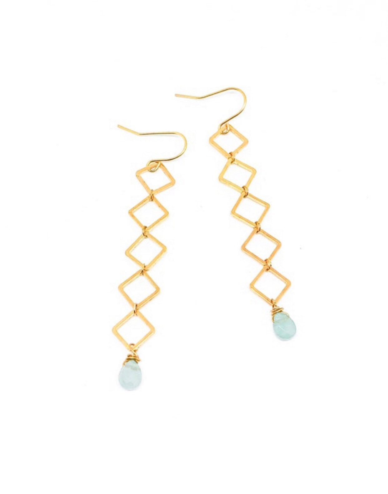 Geometric earrings dangle with cherry quartz teardrop