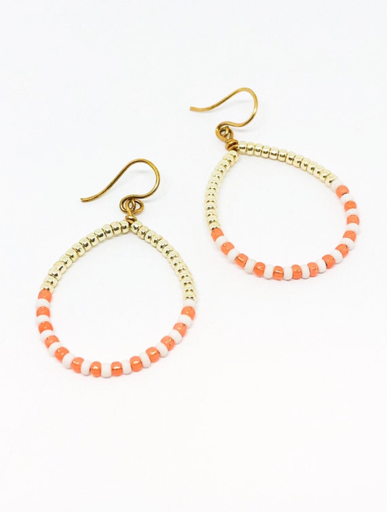 Coral and gold beaded hoop earrings