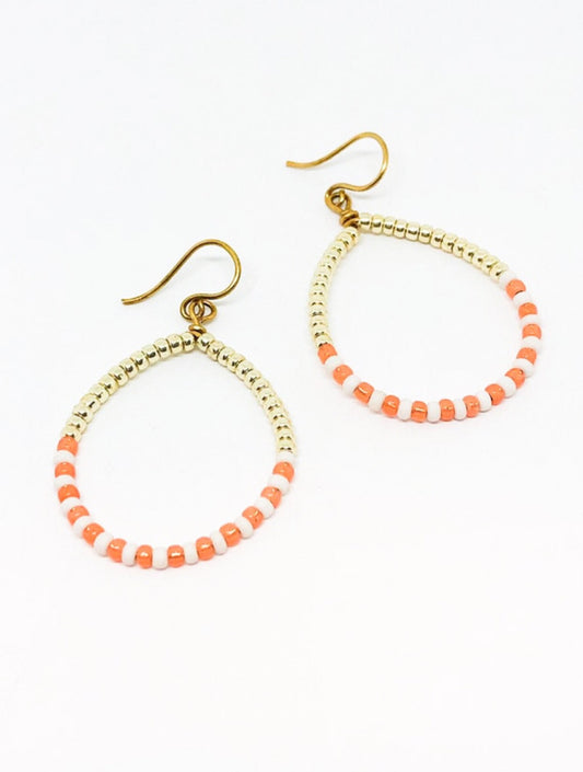 Coral and gold beaded hoop earrings