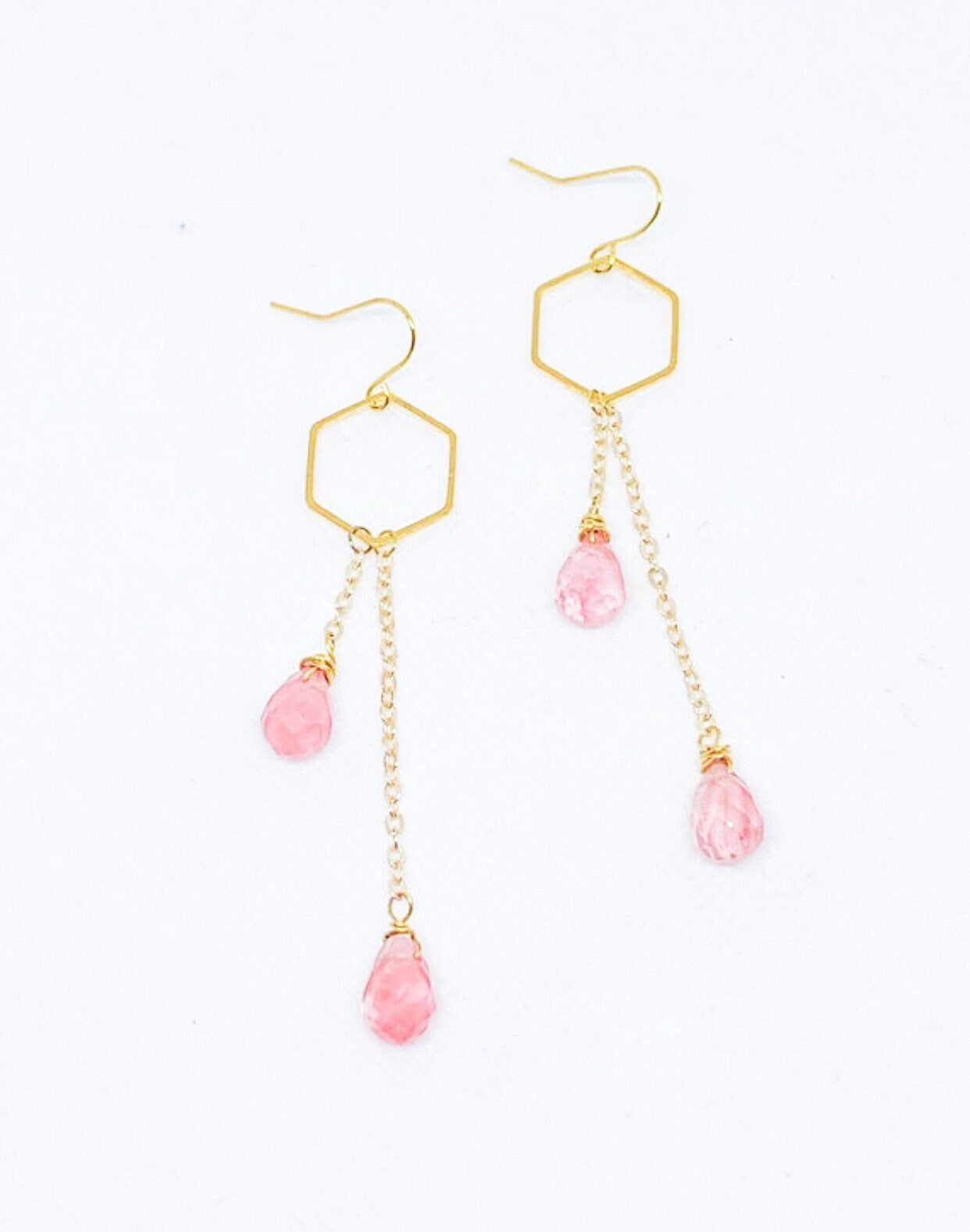 Hexagon cherry quartz gemstone earrings