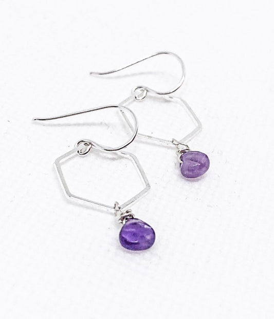 Amethyst teardrops and silver hexagonal earrings