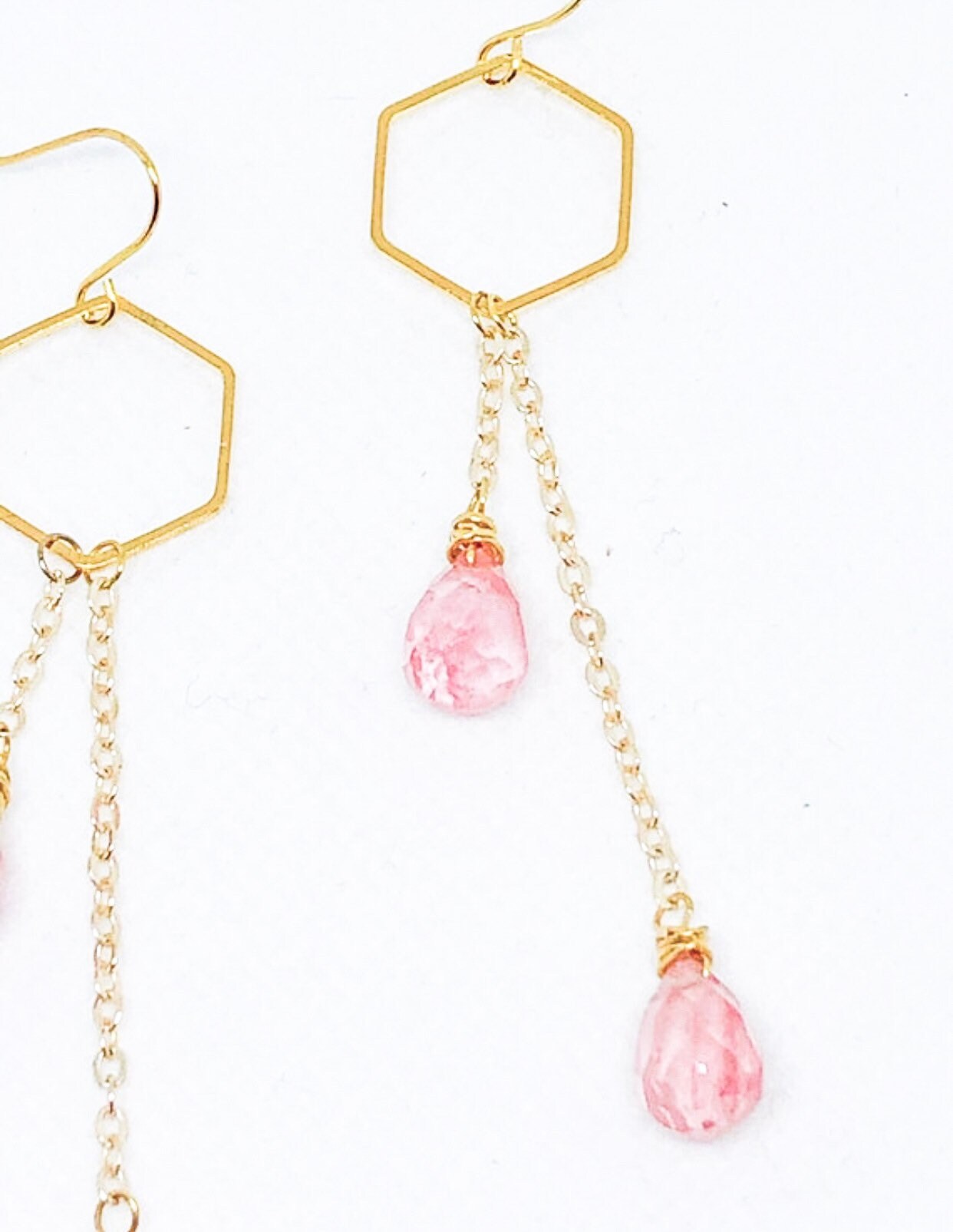 Hexagon cherry quartz gemstone earrings