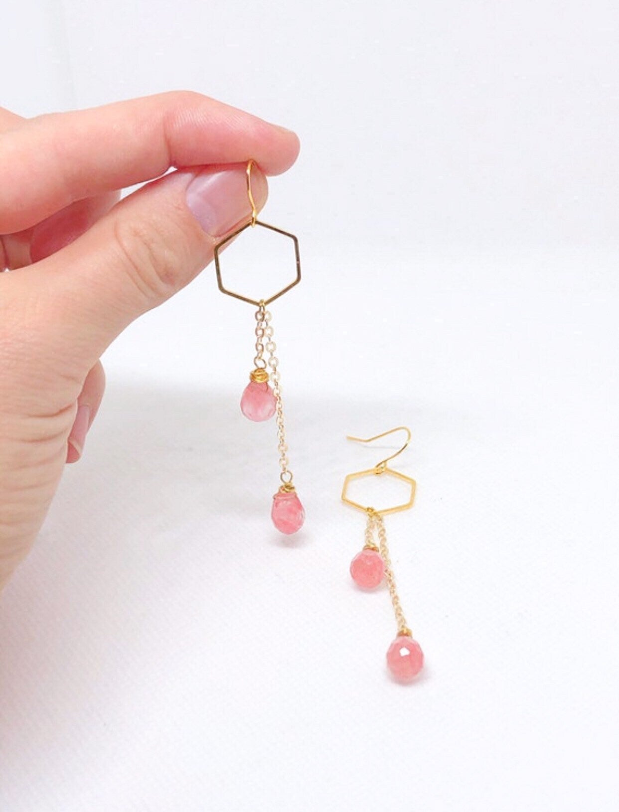 Hexagon cherry quartz gemstone earrings