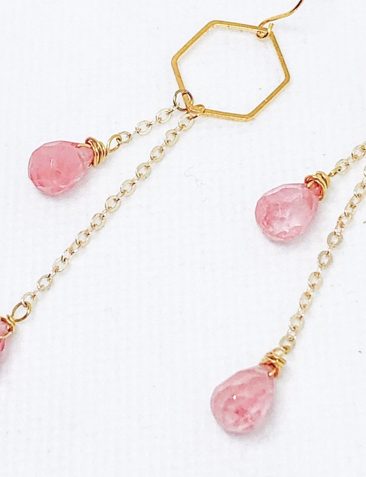 Hexagon cherry quartz gemstone earrings