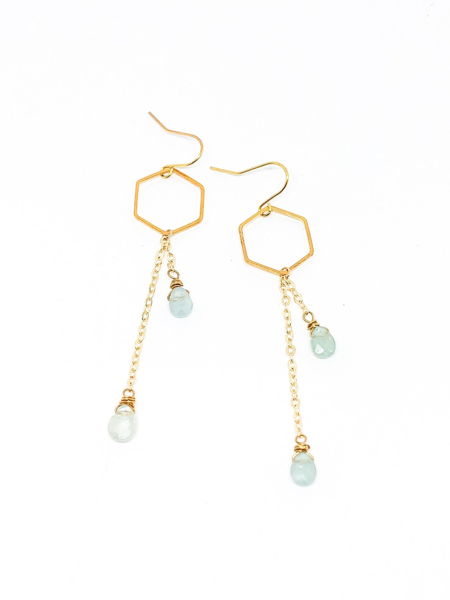 Aquamarine statement earrings with hexagon gold piece