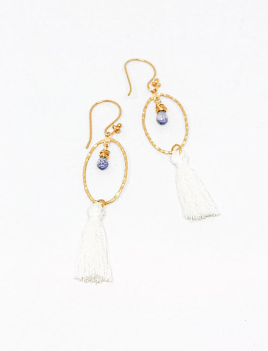 Purple iolite earrings gold with white tassel