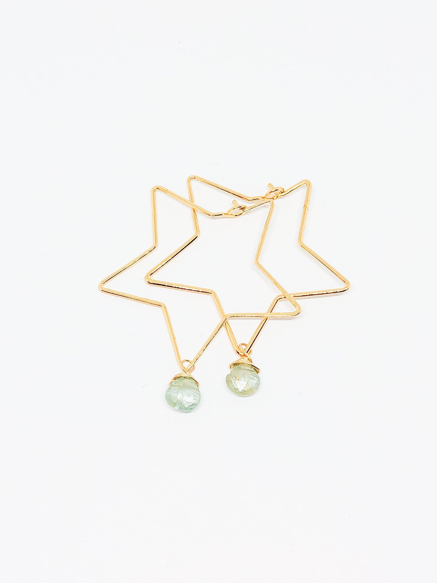 Gold star hoop earrings with aquamarine teardrop