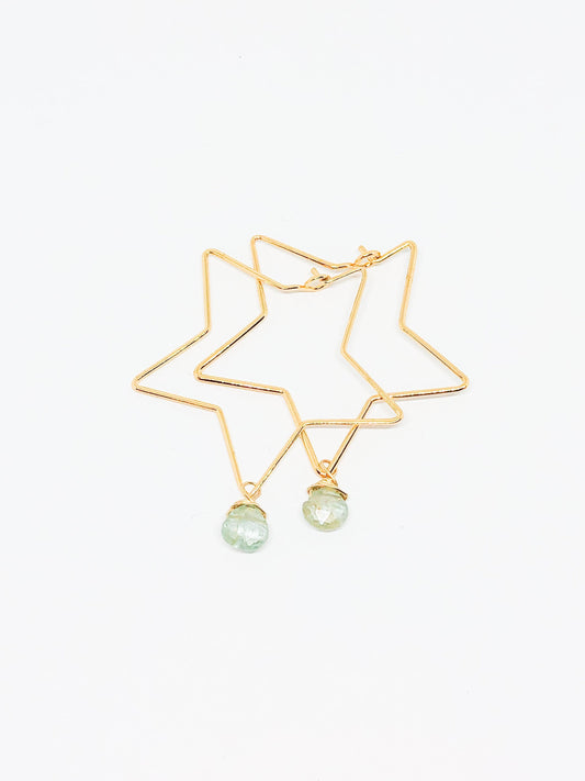 Gold star hoop earrings with aquamarine teardrop
