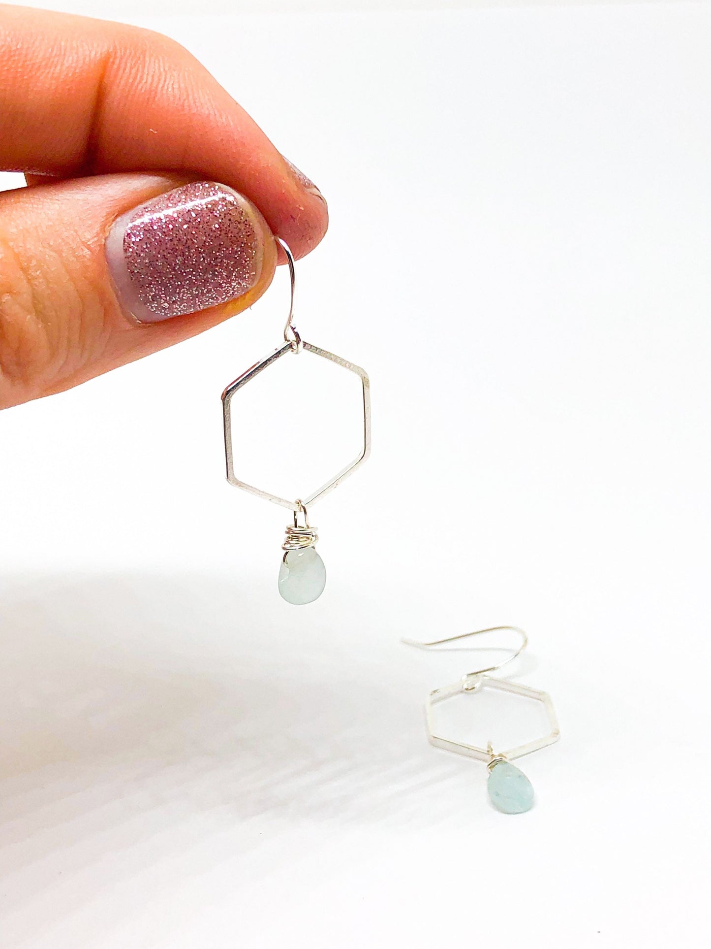 Aquamarine and silver hexagon earrings