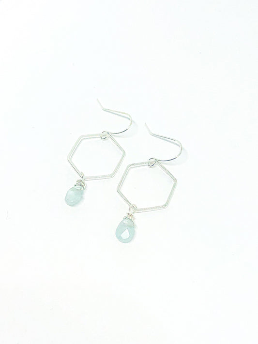 Aquamarine and silver hexagon earrings