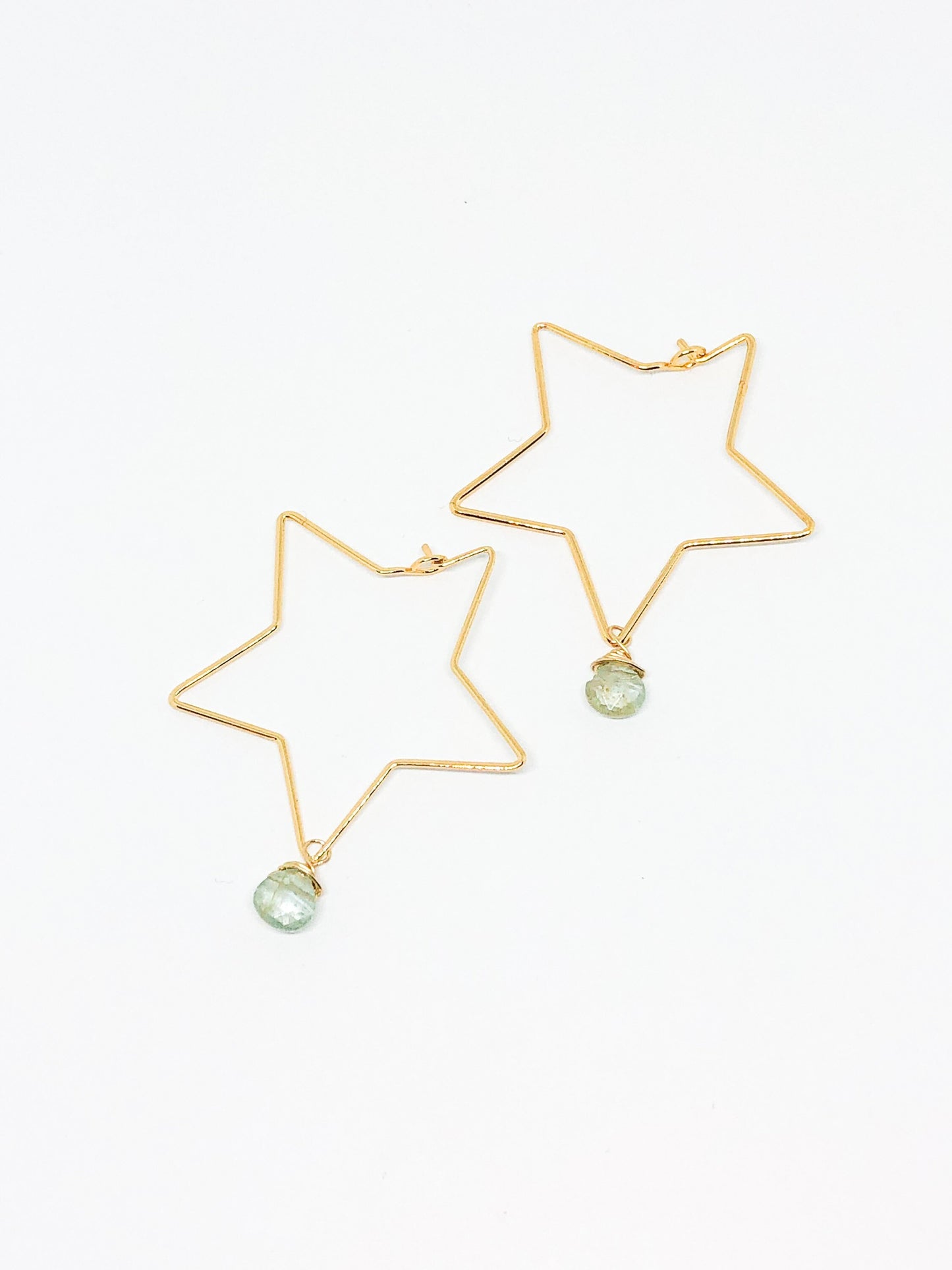 Gold star hoop earrings with aquamarine teardrop