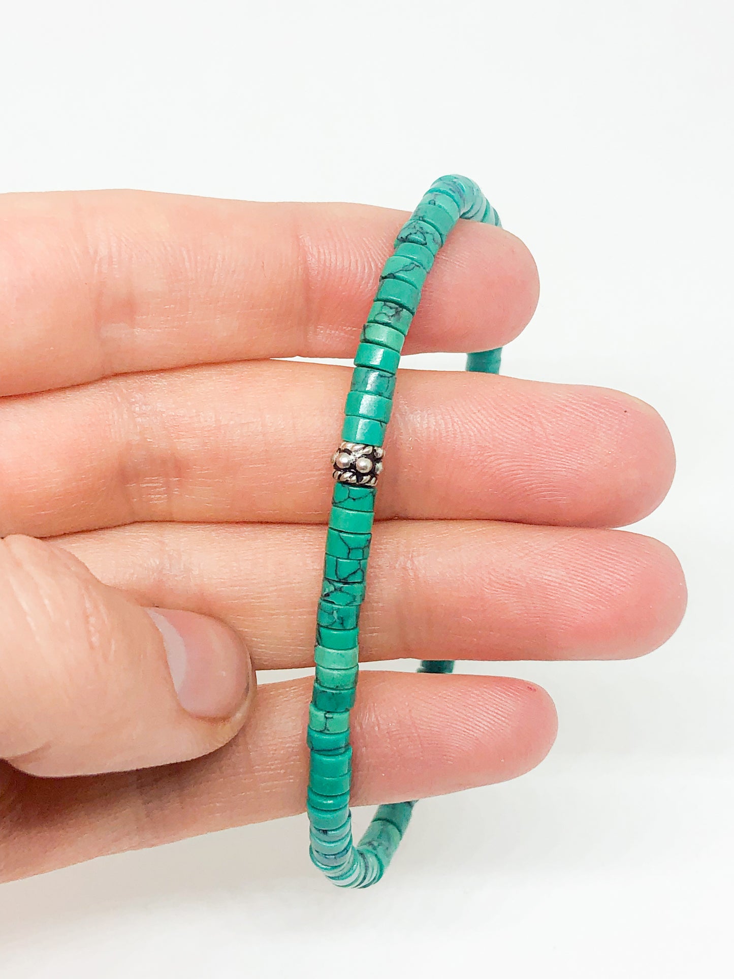 Malachite green beaded bracelet with silver accent