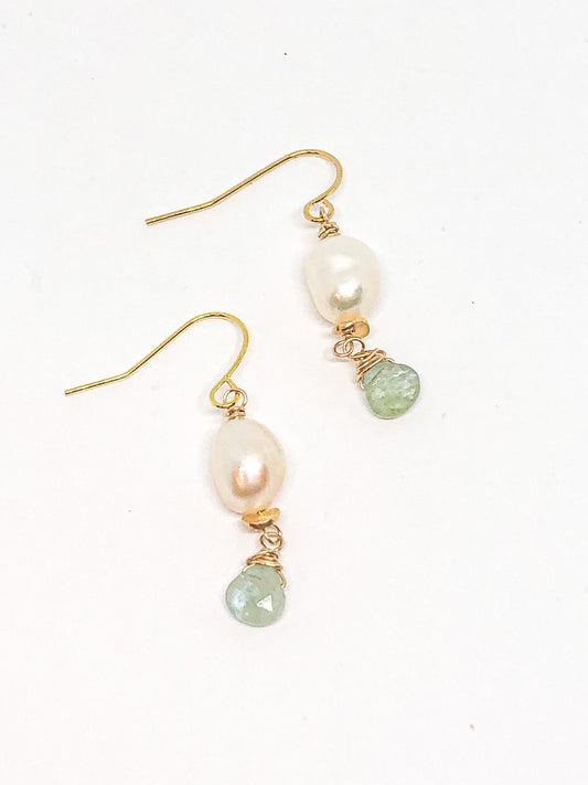 Pearl and aquamarine earrings in gold or silver