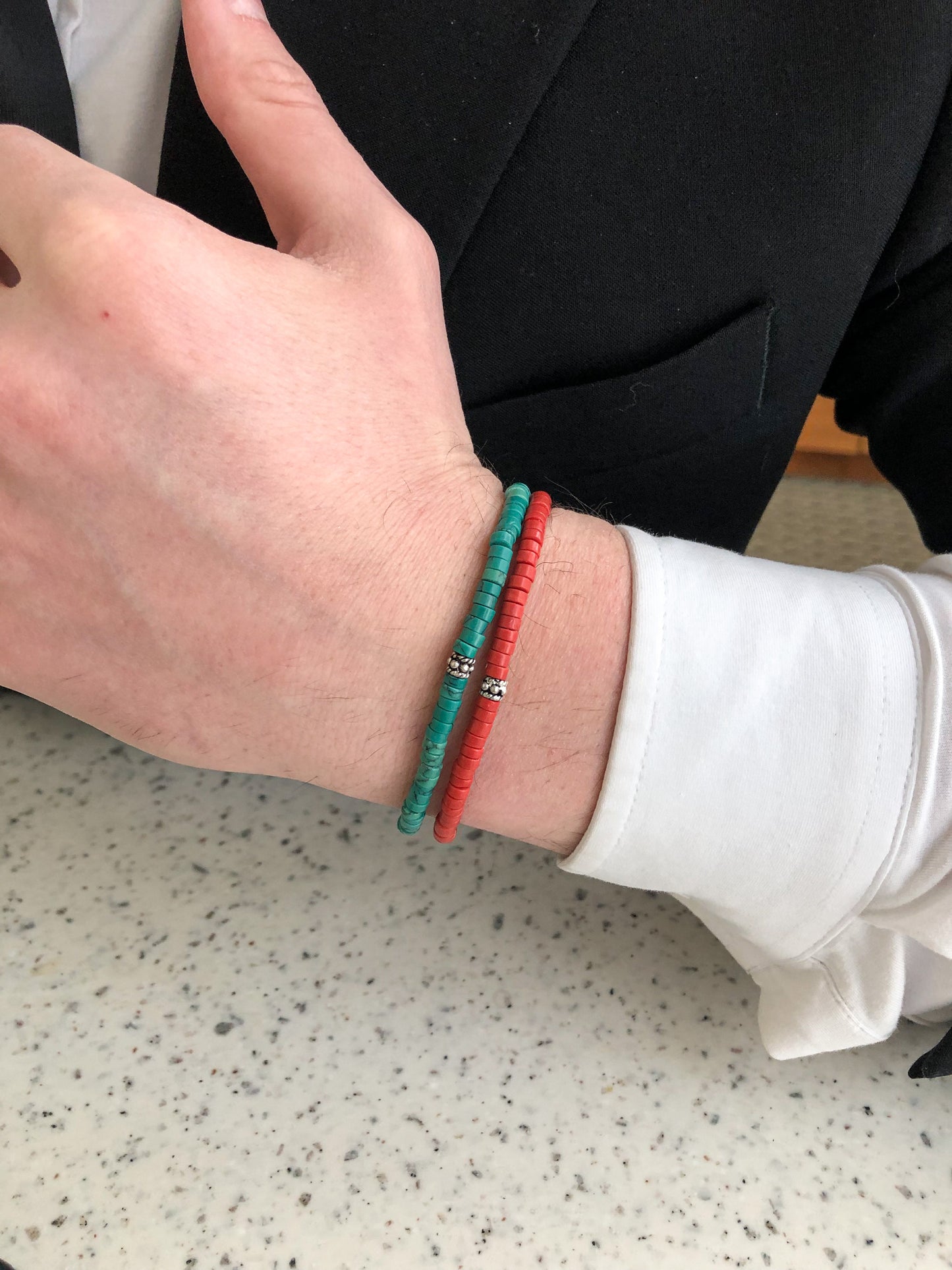 Malachite green beaded bracelet with silver accent